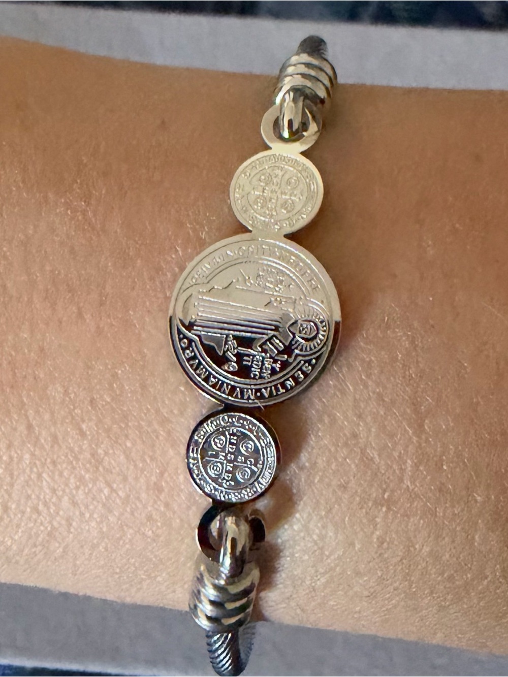 Sterling Silver Saint Benedict Coin Bracelet - Silver